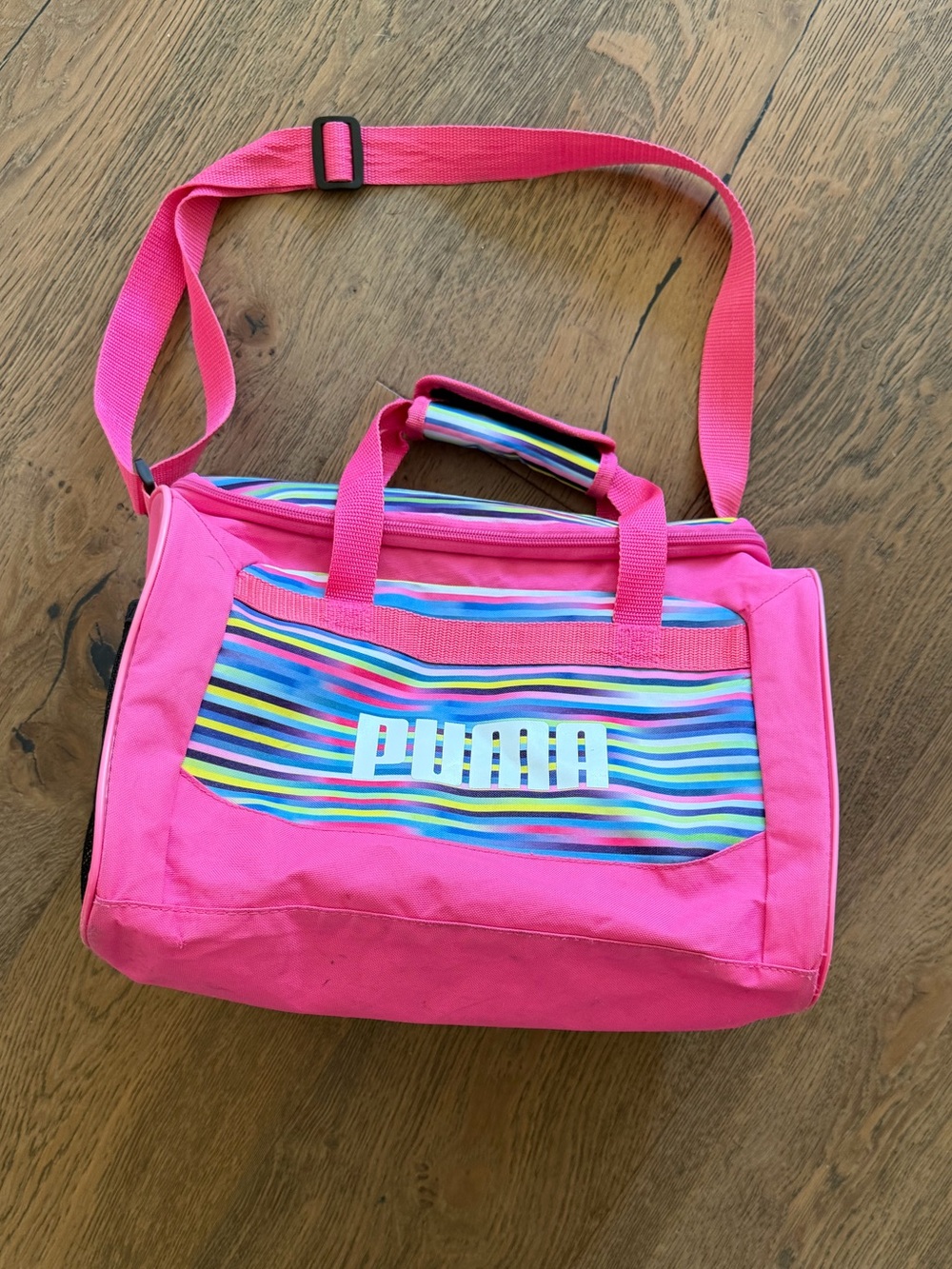 Puma Hot Pink Shoulder Sports Bag with Multicolor Stripes